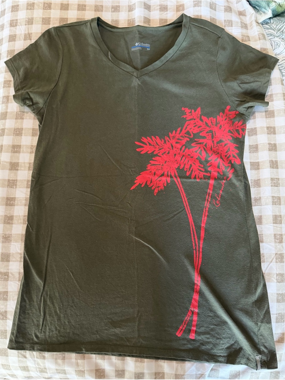 Columbia Olive Green V-Neck Tee with Red Palm Graphic